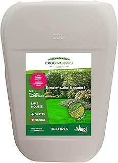 VINDI JARDIN - CROQ'MOUSSE des gazons – Engrais liquide organo-minéral 3 en 1 – Pelouse « sans mousse/+verte/+dense » - bidon 20L – Traitement pour 2000m2 – Fabrication Française.